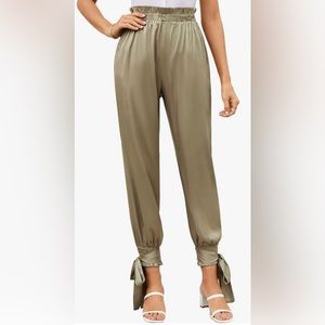 JayGate Women Elastic Waist Satin Pants Knot